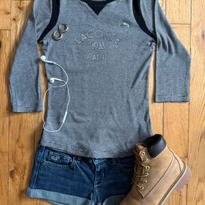 Lacoste Gray and Black Striped Long Sleeve Tee